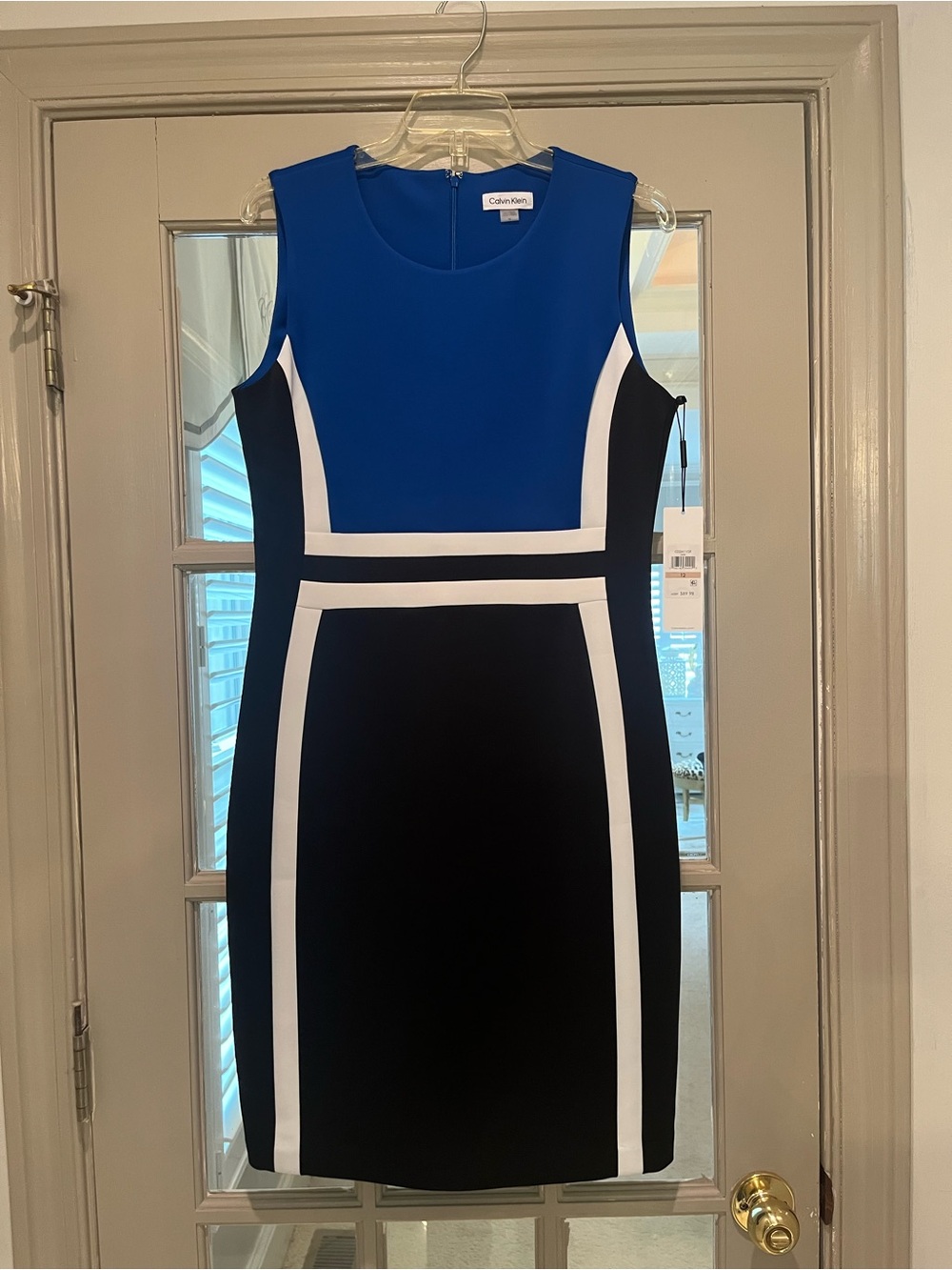 Calvin Klein Royal Blue, Black and White Colorblock Sheath Dress